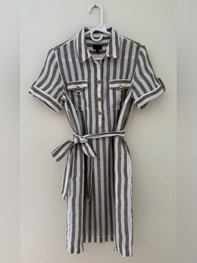 Talbots 100% Linen Striped Shirt Dress Olive/White Sz 2